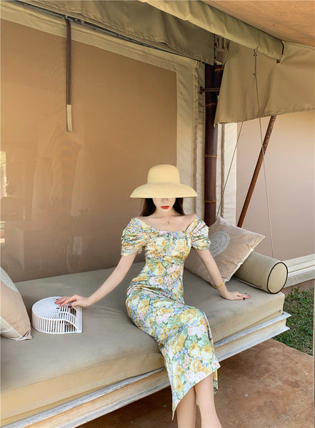 Summer Temperament Women Retro Strapless Yellow Floral Mid Length Puff Sleeves High Waist Holiday Long Dress