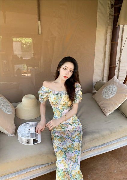 Summer Temperament Women Retro Strapless Yellow Floral Mid Length Puff Sleeves High Waist Holiday Long Dress