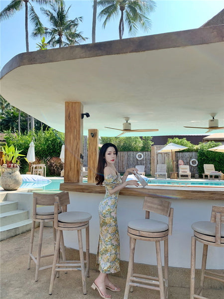 Summer Temperament Women Retro Strapless Yellow Floral Mid Length Puff Sleeves High Waist Holiday Long Dress