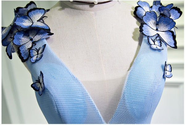 Gorgeous Evening Women Sky Blue Retro V-Neck 3D Butterfly Ball Gowns Short Prom Homecoming A Line Dress
