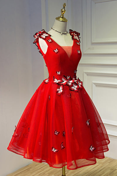 Gorgeous Evening Women Sky Blue Retro V-Neck 3D Butterfly Ball Gowns Short Prom Homecoming A Line Dress