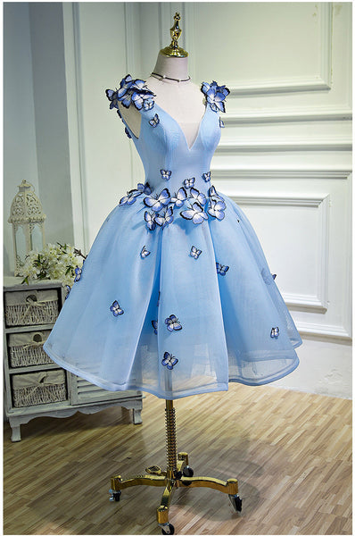 Gorgeous Evening Women Sky Blue Retro V-Neck 3D Butterfly Ball Gowns Short Prom Homecoming A Line Dress