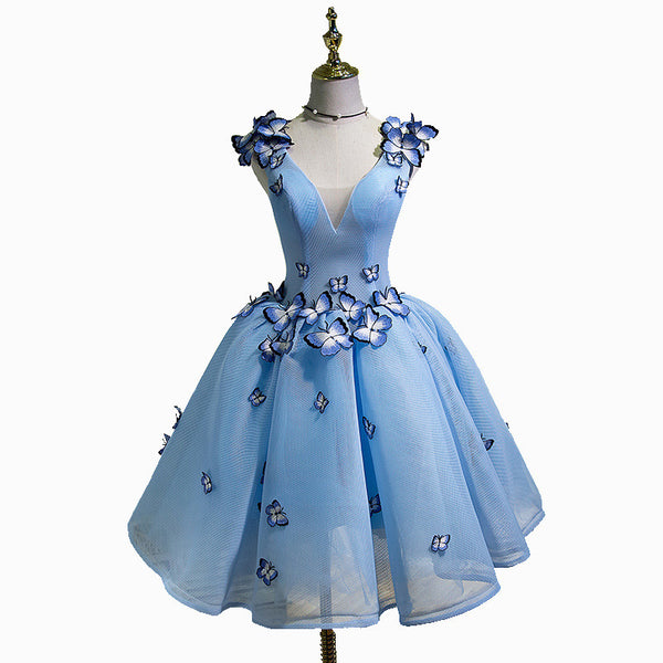 Gorgeous Evening Women Sky Blue Retro V-Neck 3D Butterfly Ball Gowns Short Prom Homecoming A Line Dress