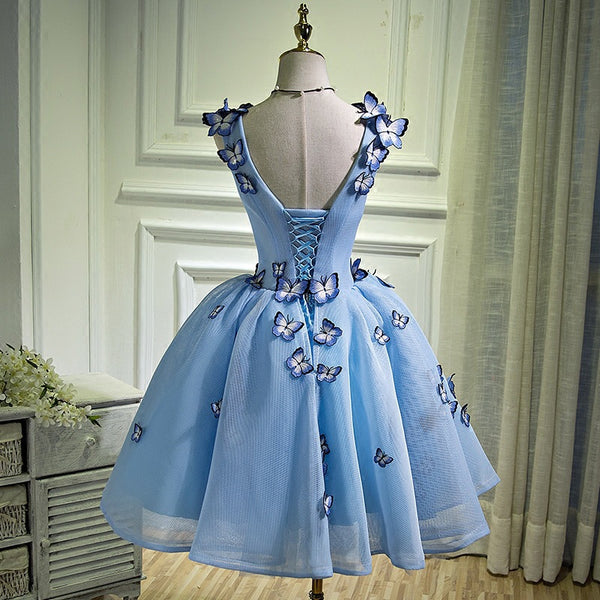 Gorgeous Evening Women Sky Blue Retro V-Neck 3D Butterfly Ball Gowns Short Prom Homecoming A Line Dress