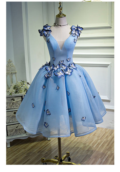 Gorgeous Evening Women Sky Blue Retro V-Neck 3D Butterfly Ball Gowns Short Prom Homecoming A Line Dress
