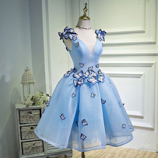 Gorgeous Evening Women Sky Blue Retro V-Neck 3D Butterfly Ball Gowns Short Prom Homecoming A Line Dress
