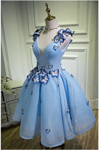 Gorgeous Evening Women Sky Blue Retro V-Neck 3D Butterfly Ball Gowns Short Prom Homecoming A Line Dress