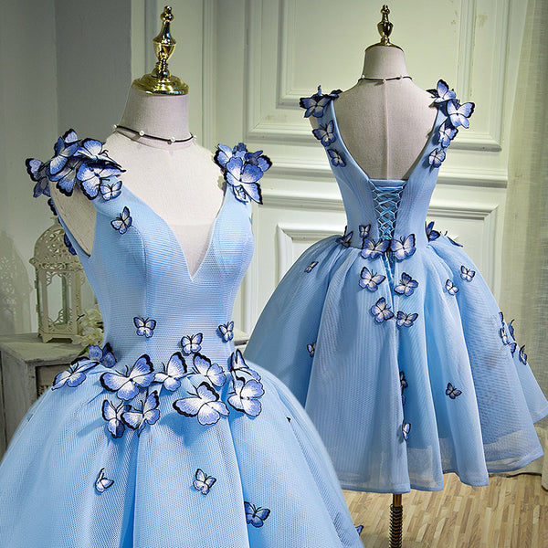 Gorgeous Evening Women Sky Blue Retro V-Neck 3D Butterfly Ball Gowns Short Prom Homecoming A Line Dress