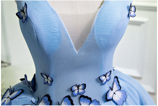 Gorgeous Evening Women Sky Blue Retro V-Neck 3D Butterfly Ball Gowns Short Prom Homecoming A Line Dress