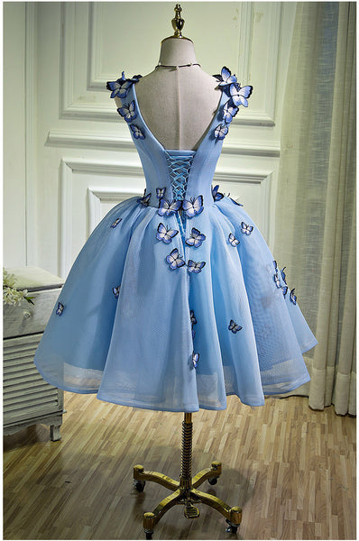 Gorgeous Evening Women Sky Blue Retro V-Neck 3D Butterfly Ball Gowns Short Prom Homecoming A Line Dress