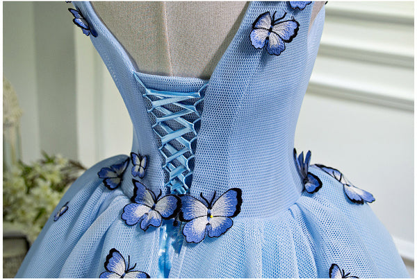 Gorgeous Evening Women Sky Blue Retro V-Neck 3D Butterfly Ball Gowns Short Prom Homecoming A Line Dress