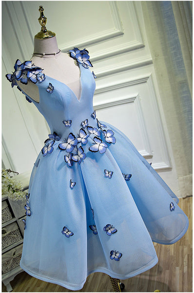 Gorgeous Evening Women Sky Blue Retro V-Neck 3D Butterfly Ball Gowns Short Prom Homecoming A Line Dress