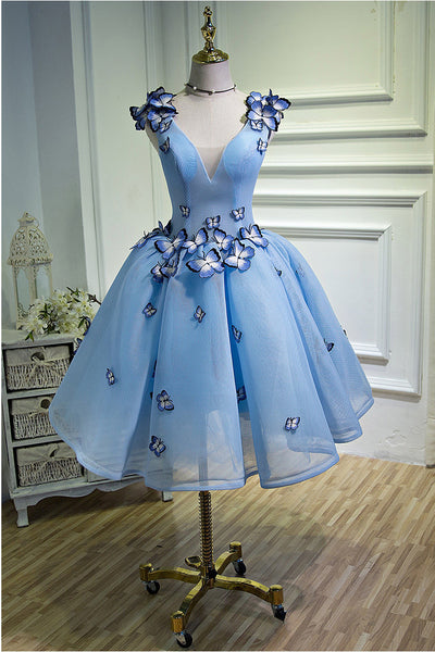 Gorgeous Evening Women Sky Blue Retro V-Neck 3D Butterfly Ball Gowns Short Prom Homecoming A Line Dress