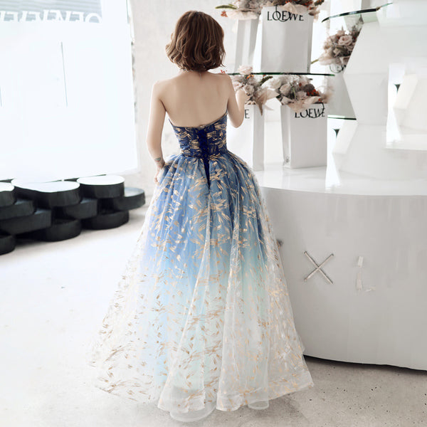 Attractive Banquet Evening Temperament Ladies Royal Blue Off Shoulder Strapless Floral Print A-Line Mesh Dress Gown