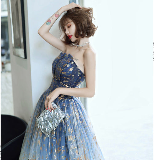 Attractive Banquet Evening Temperament Ladies Royal Blue Off Shoulder Strapless Floral Print A-Line Mesh Dress Gown