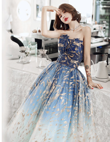 Attractive Banquet Evening Temperament Ladies Royal Blue Off Shoulder Strapless Floral Print A-Line Mesh Dress Gown