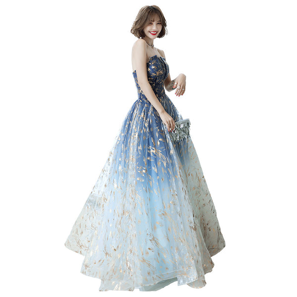 Attractive Banquet Evening Temperament Ladies Royal Blue Off Shoulder Strapless Floral Print A-Line Mesh Dress Gown