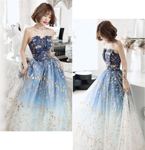 Attractive Banquet Evening Temperament Ladies Royal Blue Off Shoulder Strapless Floral Print A-Line Mesh Dress Gown