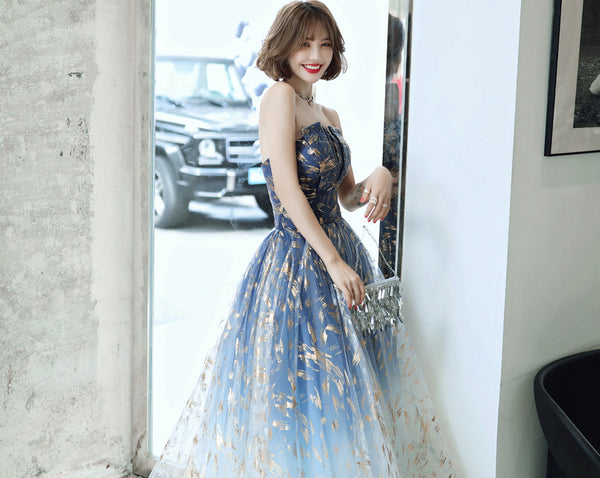 Attractive Banquet Evening Temperament Ladies Royal Blue Off Shoulder Strapless Floral Print A-Line Mesh Dress Gown