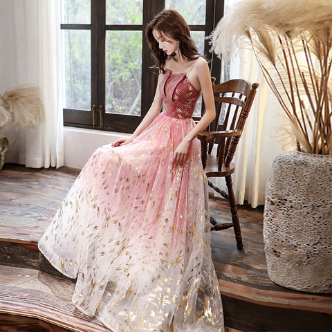 Sparkly Romantic Evening Banquet Women Noble Rose Red Spaghetti Strap Prom Bride Long Dress