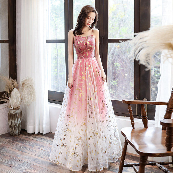 Sparkly Romantic Evening Banquet Women Noble Rose Red Spaghetti Strap Prom Bride Long Dress