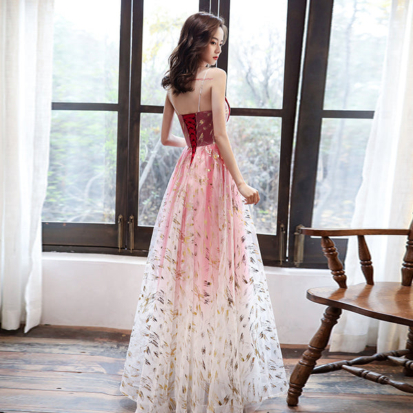 Sparkly Romantic Evening Banquet Women Noble Rose Red Spaghetti Strap Prom Bride Long Dress