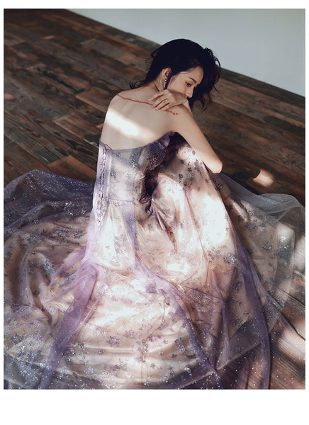 Trendy Dreamy New Style Banquet Party Charming Purple Glitter Temperament Long Tube Top Floor Length Formal Dress