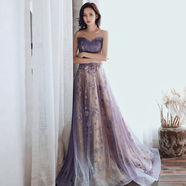 Trendy Dreamy New Style Banquet Party Charming Purple Glitter Temperament Long Tube Top Floor Length Formal Dress