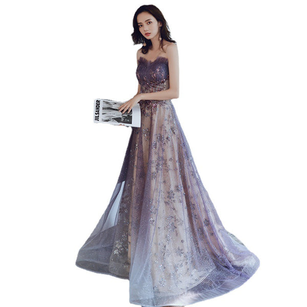 Trendy Dreamy New Style Banquet Party Charming Purple Glitter Temperament Long Tube Top Floor Length Formal Dress