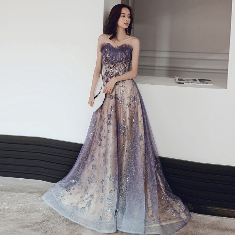 Trendy Dreamy New Style Banquet Party Charming Purple Glitter Temperament Long Tube Top Floor Length Formal Dress