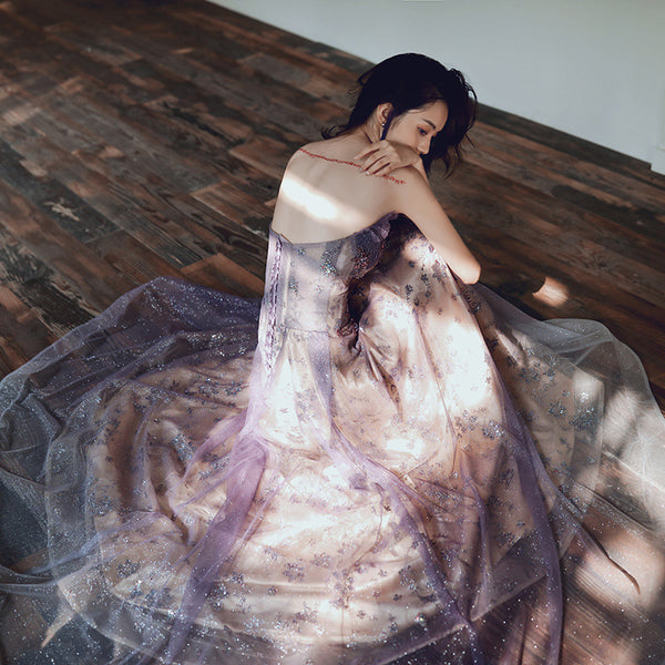 Trendy Dreamy New Style Banquet Party Charming Purple Glitter Temperament Long Tube Top Floor Length Formal Dress