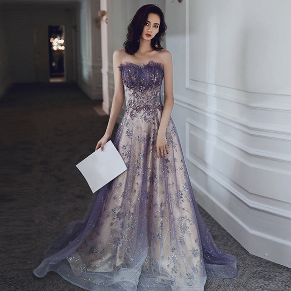 Trendy Dreamy New Style Banquet Party Charming Purple Glitter Temperament Long Tube Top Floor Length Formal Dress