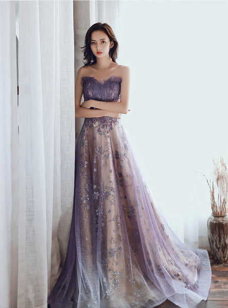Trendy Dreamy New Style Banquet Party Charming Purple Glitter Temperament Long Tube Top Floor Length Formal Dress