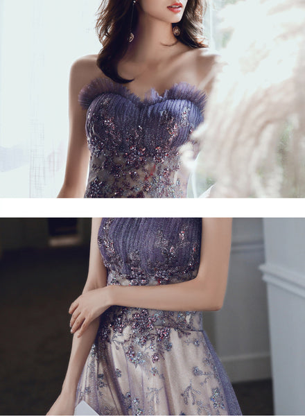 Trendy Dreamy New Style Banquet Party Charming Purple Glitter Temperament Long Tube Top Floor Length Formal Dress