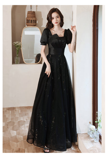 Cozy Nice Look Black evening Elegant V-Neck Banquet Mesh Panel A Line Evening Gown Ball Dress