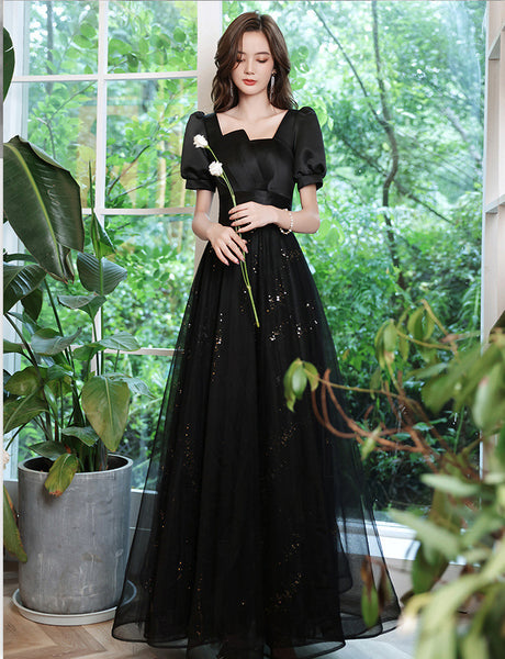 Cozy Nice Look Black evening Elegant V-Neck Banquet Mesh Panel A Line Evening Gown Ball Dress