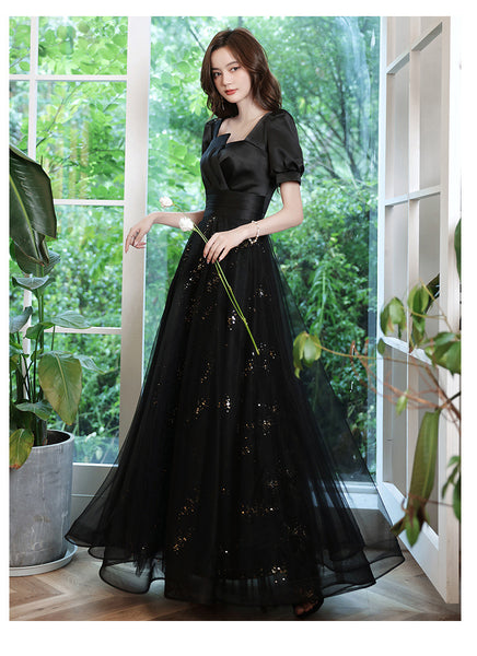 Cozy Nice Look Black evening Elegant V-Neck Banquet Mesh Panel A Line Evening Gown Ball Dress