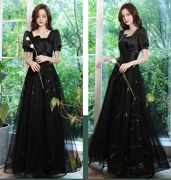 Cozy Nice Look Black evening Elegant V-Neck Banquet Mesh Panel A Line Evening Gown Ball Dress