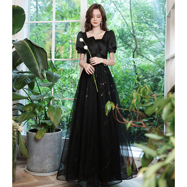 Cozy Nice Look Black evening Elegant V-Neck Banquet Mesh Panel A Line Evening Gown Ball Dress