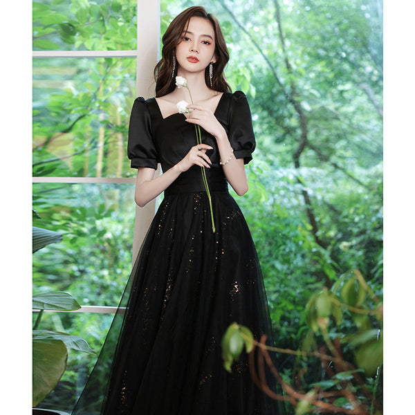 Cozy Nice Look Black evening Elegant V-Neck Banquet Mesh Panel A Line Evening Gown Ball Dress
