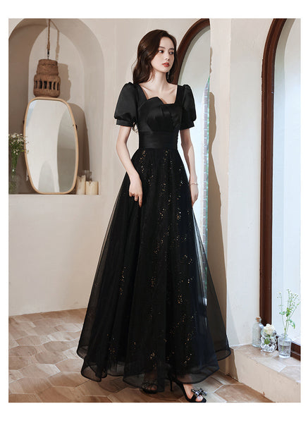 Cozy Nice Look Black evening Elegant V-Neck Banquet Mesh Panel A Line Evening Gown Ball Dress