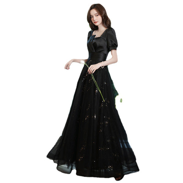 Cozy Nice Look Black evening Elegant V-Neck Banquet Mesh Panel A Line Evening Gown Ball Dress