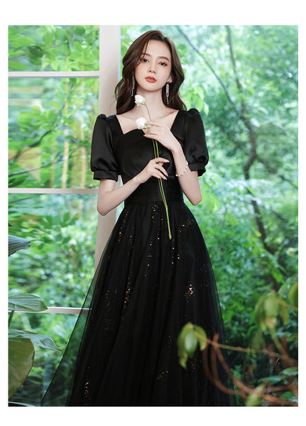 Cozy Nice Look Black evening Elegant V-Neck Banquet Mesh Panel A Line Evening Gown Ball Dress