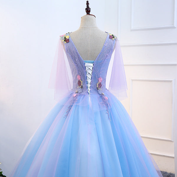 Gorgeous Stunning Sky Blue 3D Embroidery Floral Attractive Flowers V-neck Sleeveless Long Tutu Ball Party Dress