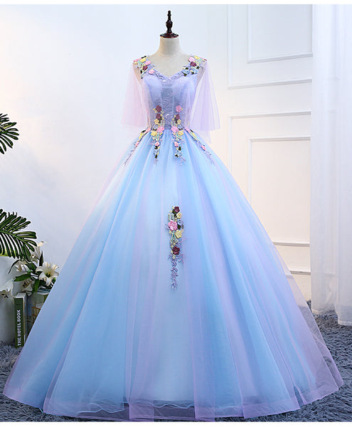 Gorgeous Stunning Sky Blue 3D Embroidery Floral Attractive Flowers V-neck Sleeveless Long Tutu Ball Party Dress