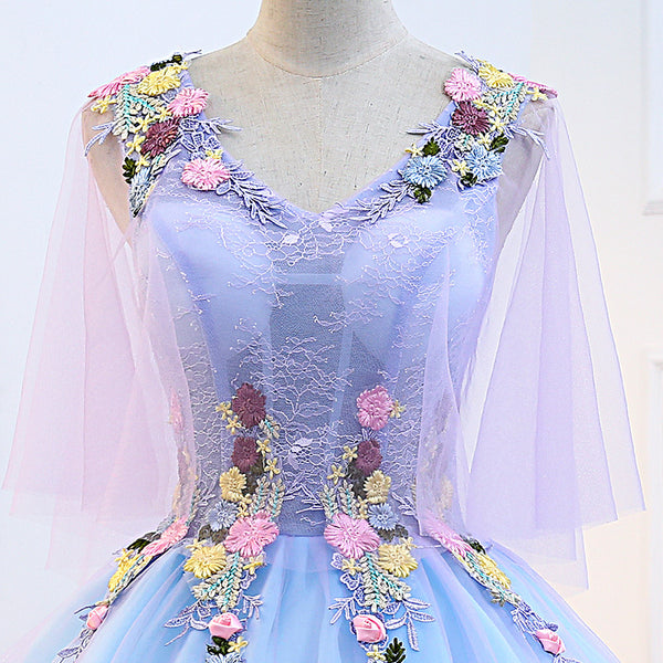 Gorgeous Stunning Sky Blue 3D Embroidery Floral Attractive Flowers V-neck Sleeveless Long Tutu Ball Party Dress