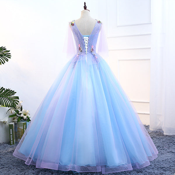 Gorgeous Stunning Sky Blue 3D Embroidery Floral Attractive Flowers V-neck Sleeveless Long Tutu Ball Party Dress