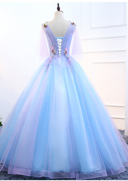 Gorgeous Stunning Sky Blue 3D Embroidery Floral Attractive Flowers V-neck Sleeveless Long Tutu Ball Party Dress