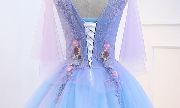 Gorgeous Stunning Sky Blue 3D Embroidery Floral Attractive Flowers V-neck Sleeveless Long Tutu Ball Party Dress