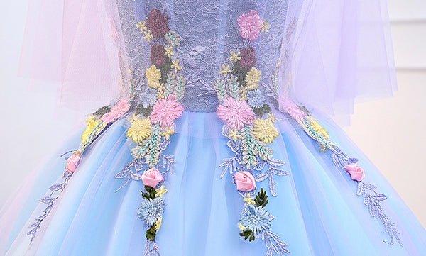 Gorgeous Stunning Sky Blue 3D Embroidery Floral Attractive Flowers V-neck Sleeveless Long Tutu Ball Party Dress